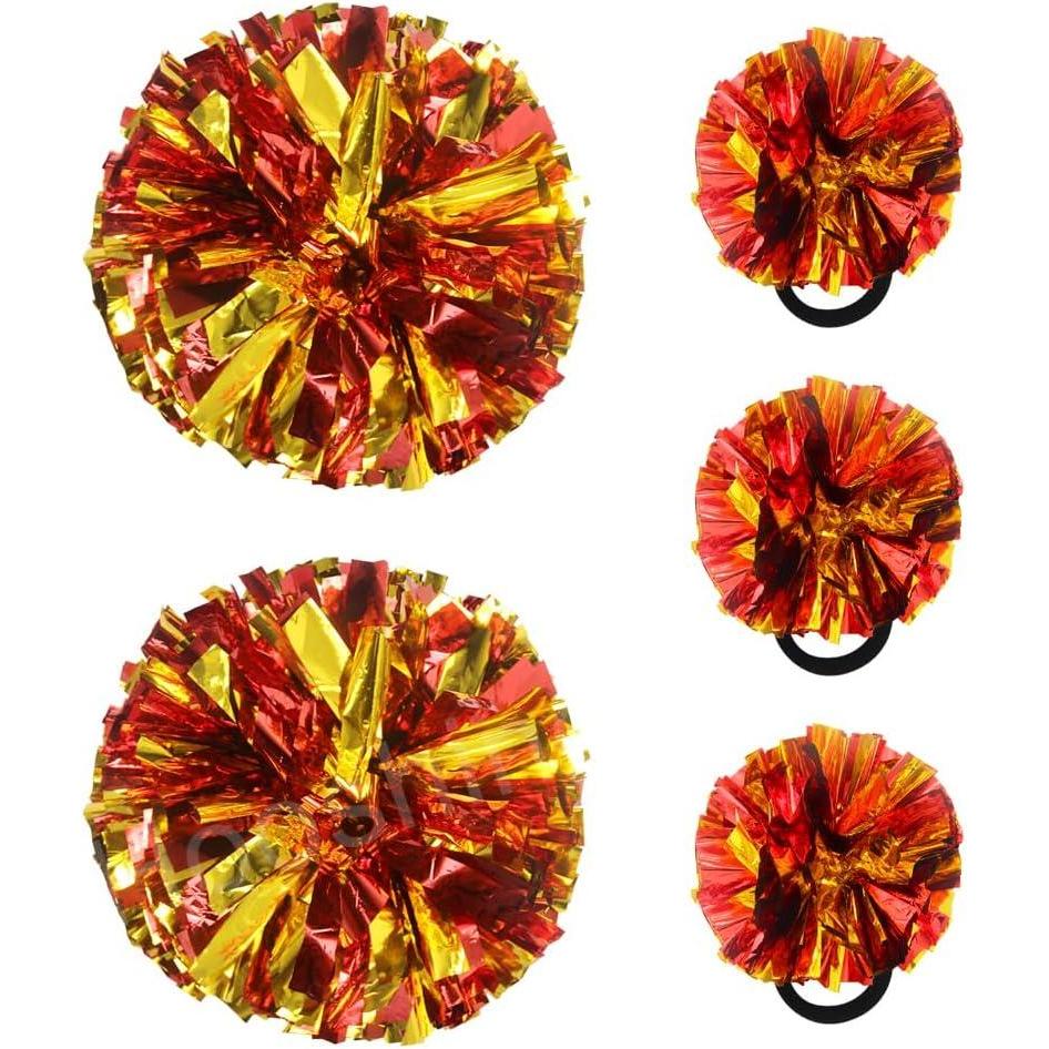 imageHooshing 5PCS Cheerleading Pom Poms and Cheerleader Girls Hair Ties with Poms for Sports Spirits Kids Adults Basketball Football Birthday Party PerformanceRed and Gold