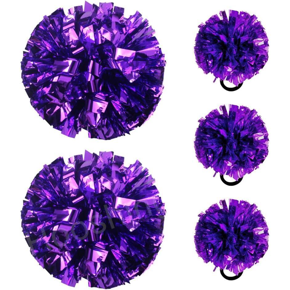 imageHooshing 5PCS Cheerleading Pom Poms and Cheerleader Girls Hair Ties with Poms for Sports Spirits Kids Adults Basketball Football Birthday Party PerformancePurple