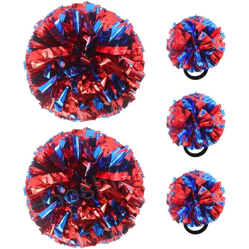 imageHooshing 5PCS Cheerleading Pom Poms and Cheerleader Girls Hair Ties with Poms for Sports Spirits Kids Adults Basketball Football Birthday Party PerformanceBlue and Red