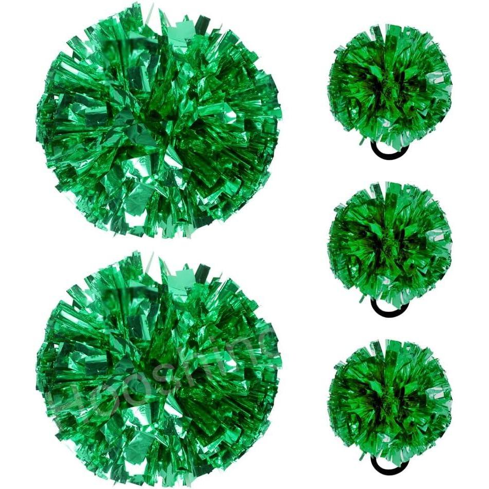 imageHooshing 5PCS Cheerleading Pom Poms and Cheerleader Girls Hair Ties with Poms for Sports Spirits Kids Adults Basketball Football Birthday Party PerformanceGreen