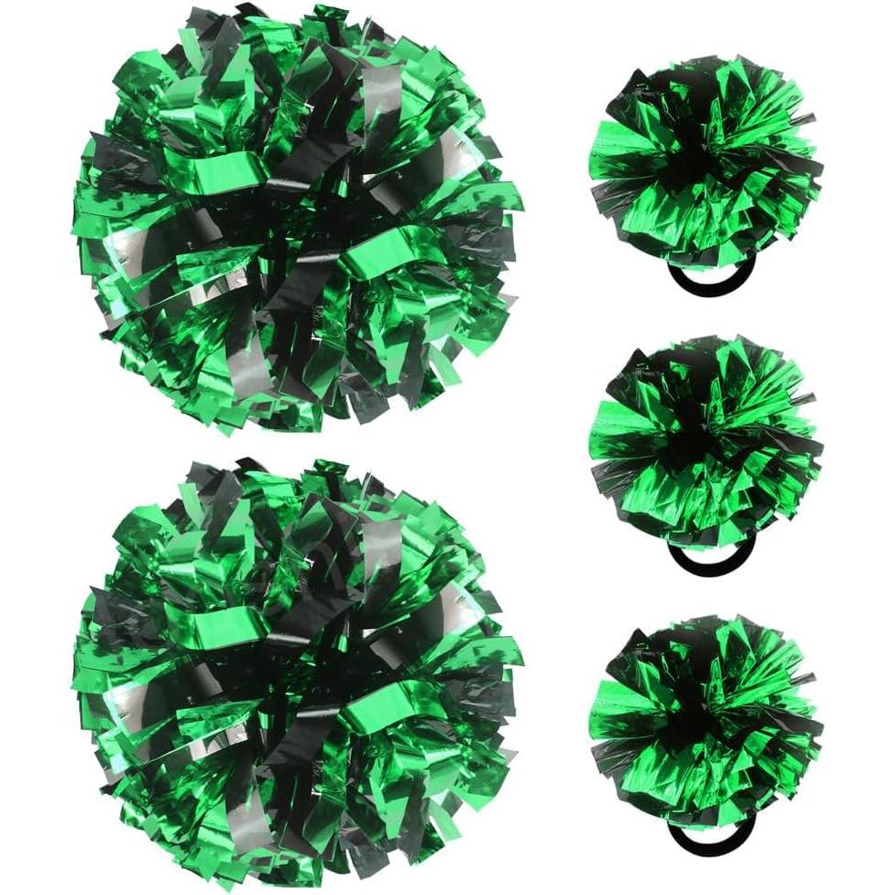 imageHooshing 5PCS Cheerleading Pom Poms and Cheerleader Girls Hair Ties with Poms for Sports Spirits Kids Adults Basketball Football Birthday Party PerformanceBlack and Green