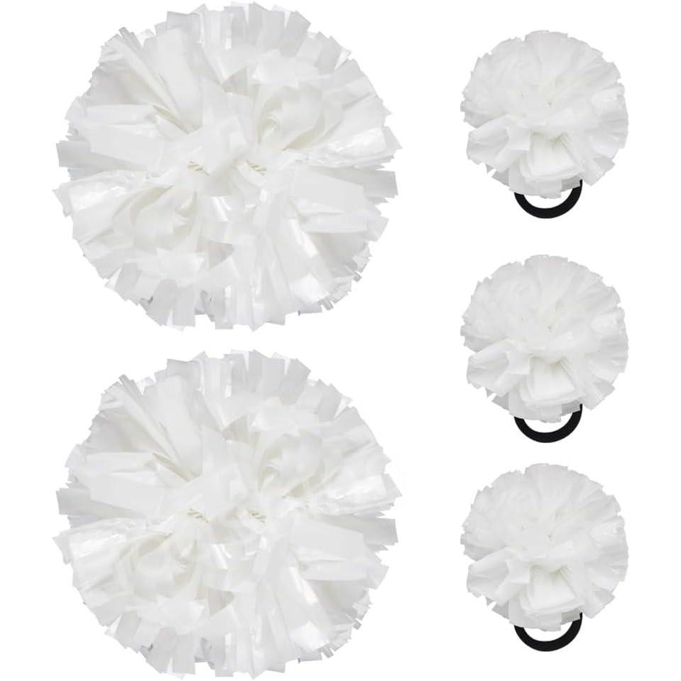 imageHooshing 5PCS Cheerleading Pom Poms and Cheerleader Girls Hair Ties with Poms for Sports Spirits Kids Adults Basketball Football Birthday Party PerformanceWhite