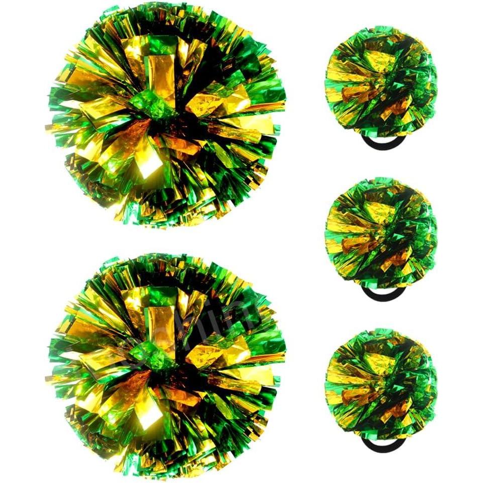 imageHooshing 5PCS Cheerleading Pom Poms and Cheerleader Girls Hair Ties with Poms for Sports Spirits Kids Adults Basketball Football Birthday Party PerformanceGreen and Gold