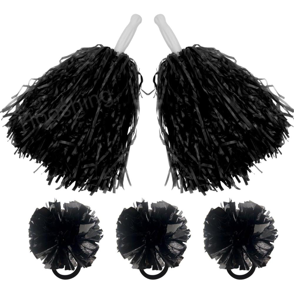 imageHooshing 5PCS Pom Poms Cheerleading Shaker and Hair Ropes Wrist Ties with Poms for Cheerleader Girls Sports Spirits Rewards Cheer in Party FestivalBlack