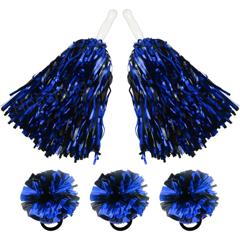 imageHooshing 5PCS Pom Poms Cheerleading Shaker and Hair Ropes Wrist Ties with Poms for Cheerleader Girls Sports Spirits Rewards Cheer in Party FestivalBlack and Blue