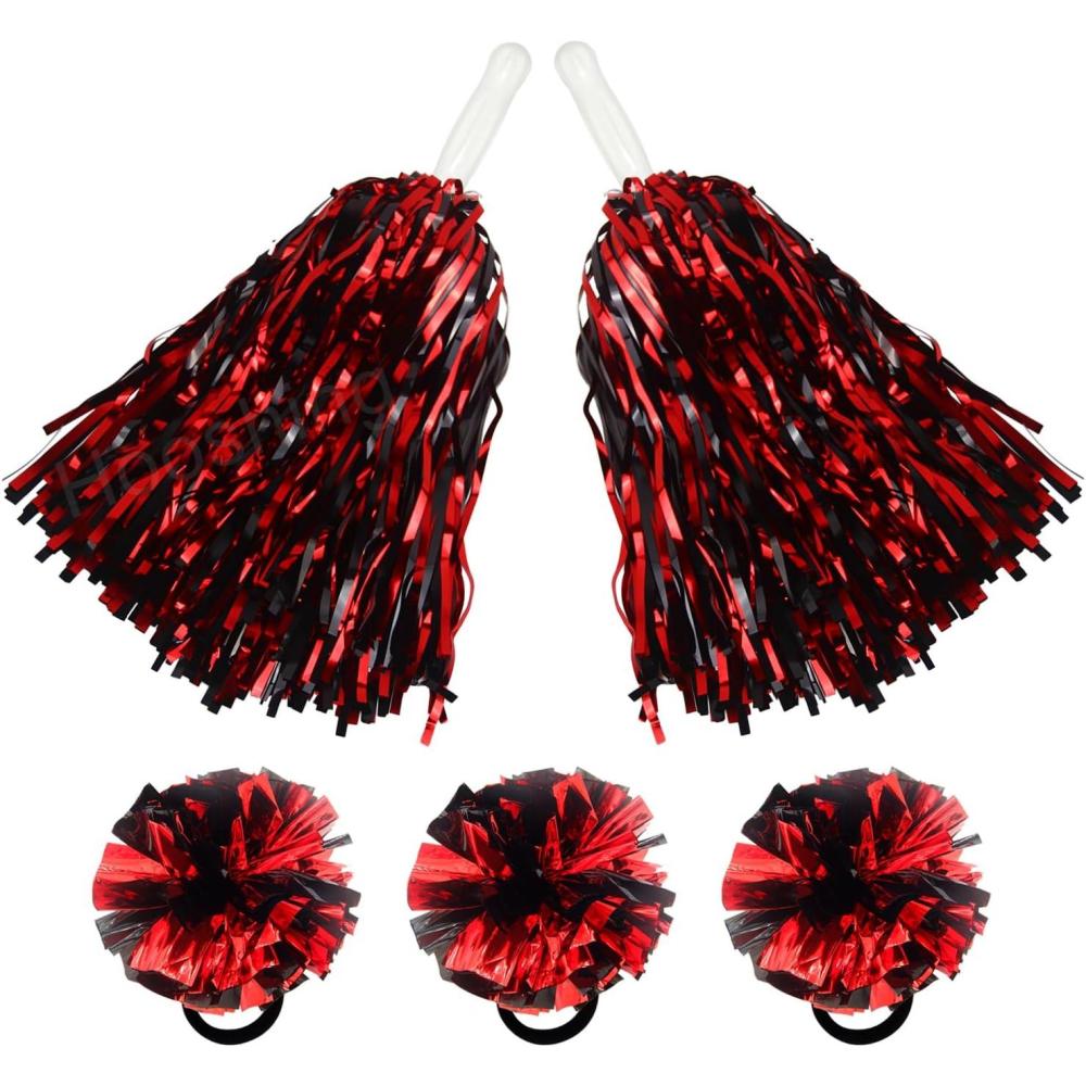 imageHooshing 5PCS Pom Poms Cheerleading Shaker and Hair Ropes Wrist Ties with Poms for Cheerleader Girls Sports Spirits Rewards Cheer in Party FestivalBlack and Red