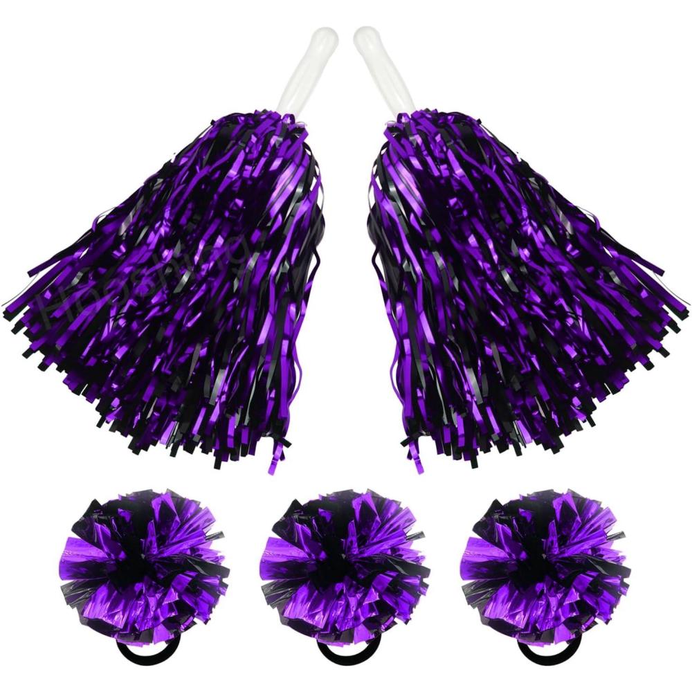 imageHooshing 5PCS Pom Poms Cheerleading Shaker and Hair Ropes Wrist Ties with Poms for Cheerleader Girls Sports Spirits Rewards Cheer in Party FestivalBlack and Purple