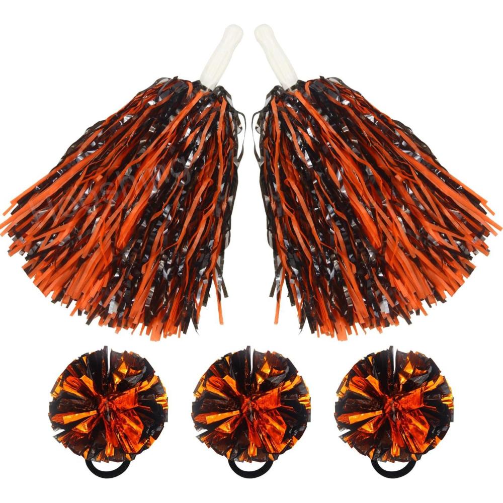 imageHooshing 5PCS Pom Poms Cheerleading Shaker and Hair Ropes Wrist Ties with Poms for Cheerleader Girls Sports Spirits Rewards Cheer in Party FestivalBlack and Orange