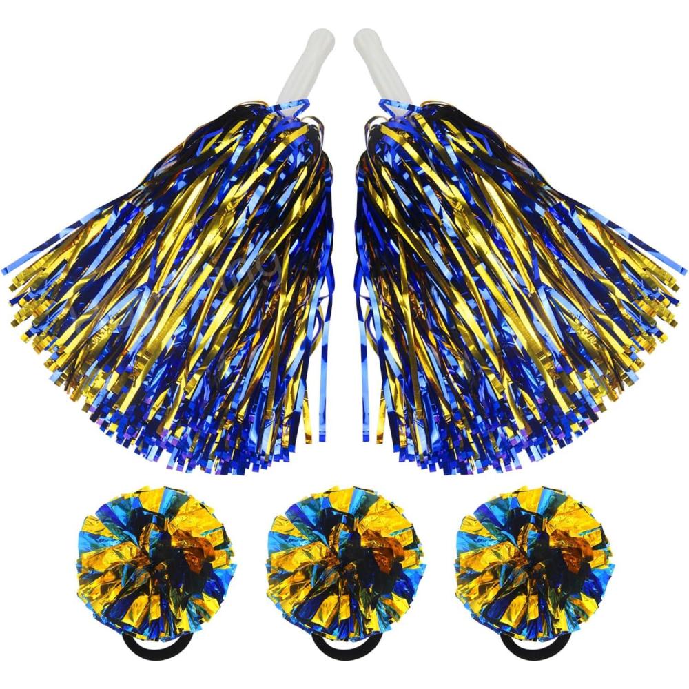 imageHooshing 5PCS Pom Poms Cheerleading Shaker and Hair Ropes Wrist Ties with Poms for Cheerleader Girls Sports Spirits Rewards Cheer in Party FestivalBlue and Gold