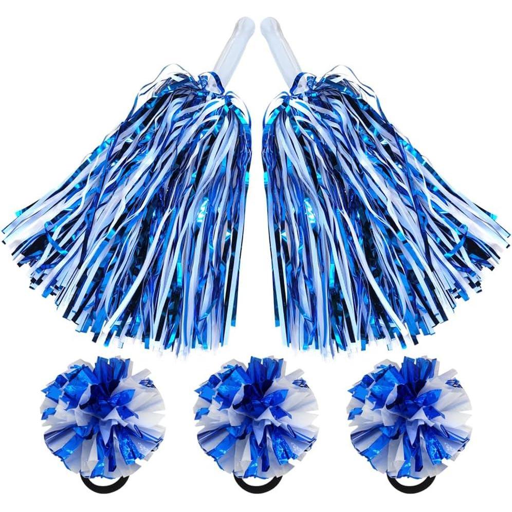 imageHooshing 5PCS Pom Poms Cheerleading Shaker and Hair Ropes Wrist Ties with Poms for Cheerleader Girls Sports Spirits Rewards Cheer in Party FestivalBlue and White