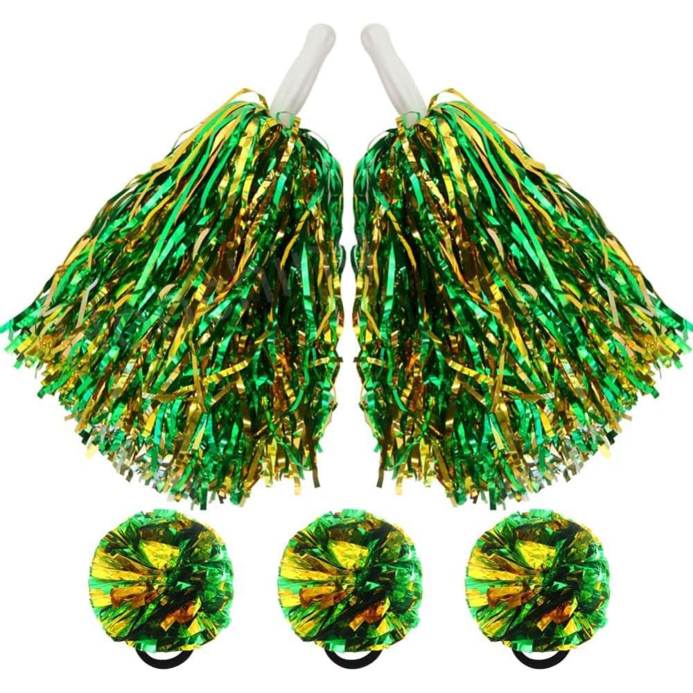 imageHooshing 5PCS Pom Poms Cheerleading Shaker and Hair Ropes Wrist Ties with Poms for Cheerleader Girls Sports Spirits Rewards Cheer in Party FestivalGreen and Gold
