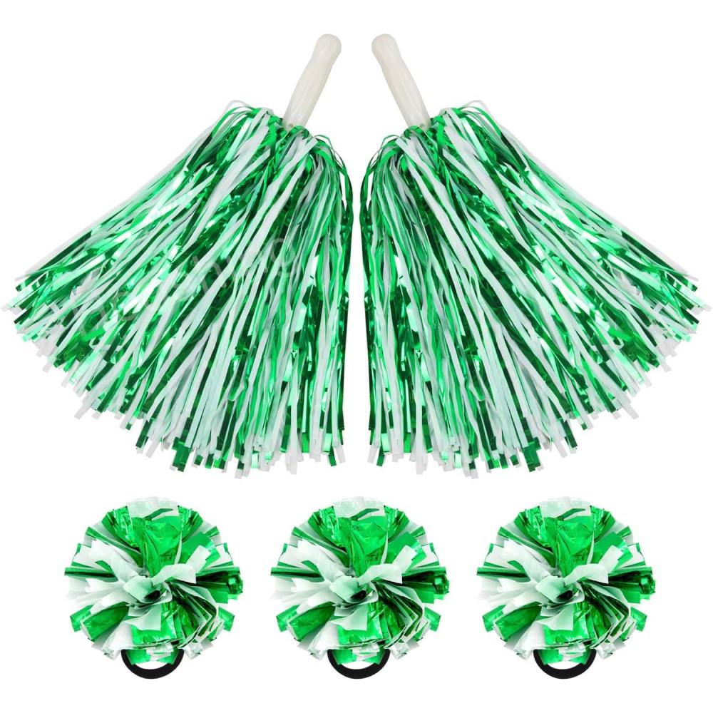 imageHooshing 5PCS Pom Poms Cheerleading Shaker and Hair Ropes Wrist Ties with Poms for Cheerleader Girls Sports Spirits Rewards Cheer in Party FestivalGreen and White