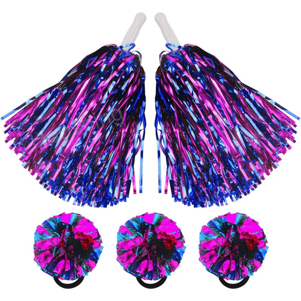 imageHooshing 5PCS Pom Poms Cheerleading Shaker and Hair Ropes Wrist Ties with Poms for Cheerleader Girls Sports Spirits Rewards Cheer in Party FestivalHot Pink and Blue