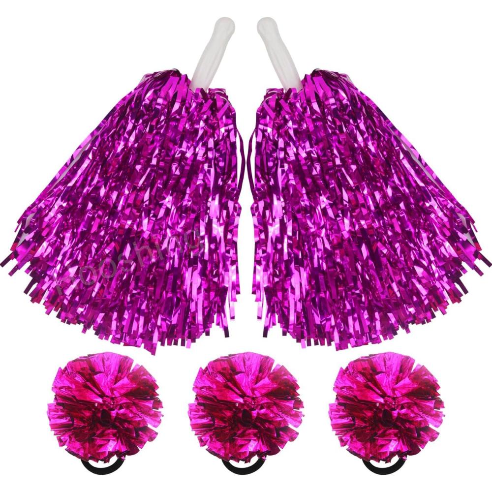 imageHooshing 5PCS Pom Poms Cheerleading Shaker and Hair Ropes Wrist Ties with Poms for Cheerleader Girls Sports Spirits Rewards Cheer in Party FestivalHot Pink