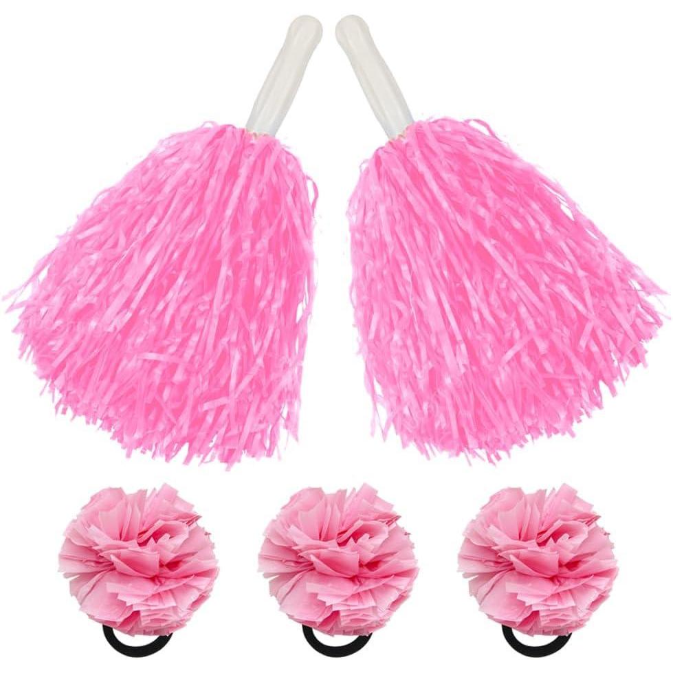 imageHooshing 5PCS Pom Poms Cheerleading Shaker and Hair Ropes Wrist Ties with Poms for Cheerleader Girls Sports Spirits Rewards Cheer in Party FestivalPink