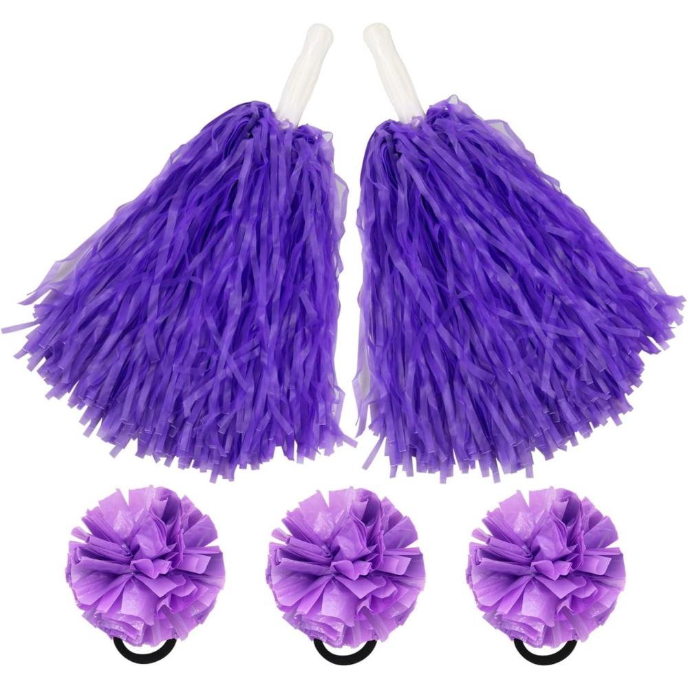 imageHooshing 5PCS Pom Poms Cheerleading Shaker and Hair Ropes Wrist Ties with Poms for Cheerleader Girls Sports Spirits Rewards Cheer in Party FestivalPurple