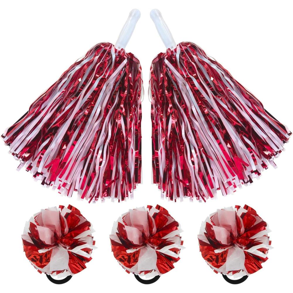 imageHooshing 5PCS Pom Poms Cheerleading Shaker and Hair Ropes Wrist Ties with Poms for Cheerleader Girls Sports Spirits Rewards Cheer in Party FestivalRed and White
