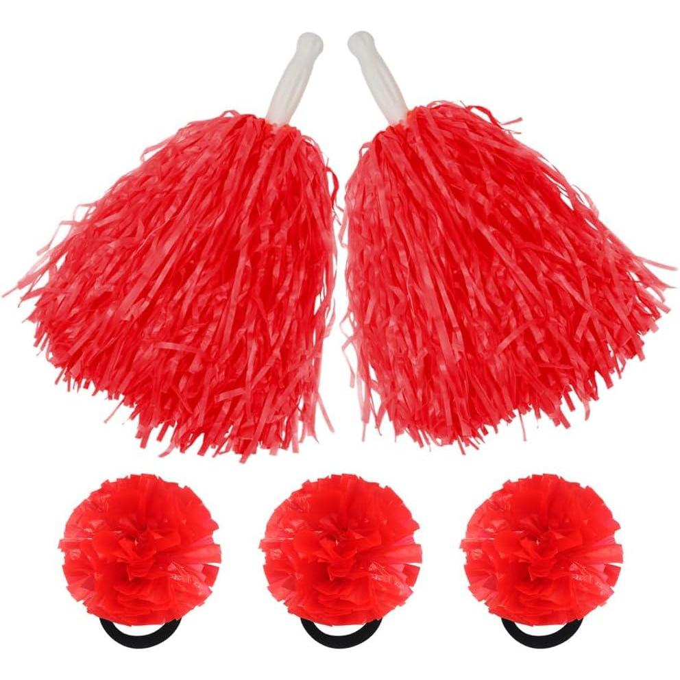imageHooshing 5PCS Pom Poms Cheerleading Shaker and Hair Ropes Wrist Ties with Poms for Cheerleader Girls Sports Spirits Rewards Cheer in Party FestivalRed