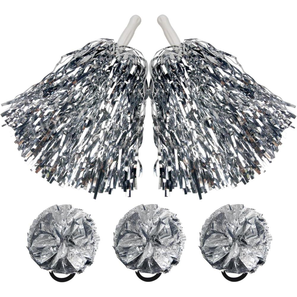imageHooshing 5PCS Pom Poms Cheerleading Shaker and Hair Ropes Wrist Ties with Poms for Cheerleader Girls Sports Spirits Rewards Cheer in Party FestivalSilver