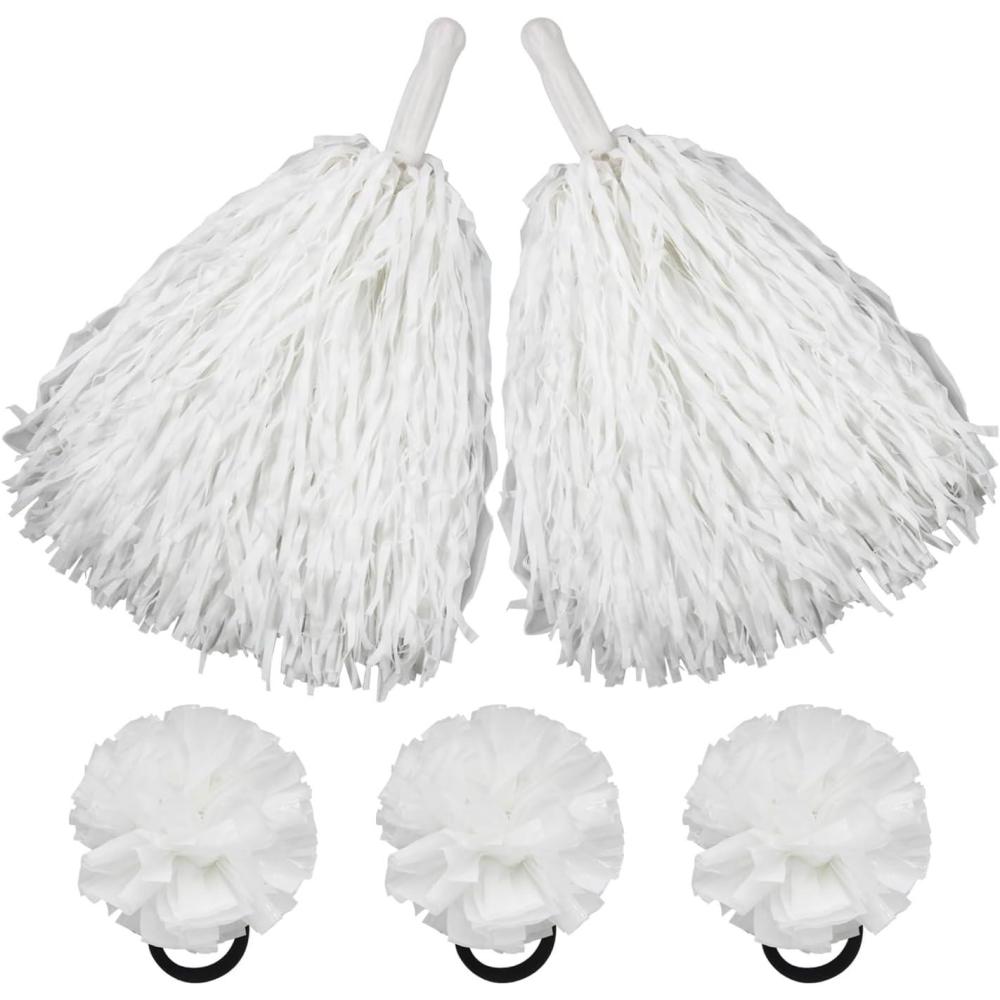 imageHooshing 5PCS Pom Poms Cheerleading Shaker and Hair Ropes Wrist Ties with Poms for Cheerleader Girls Sports Spirits Rewards Cheer in Party FestivalWhite