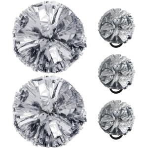 Hooshing 5PCS Cheerleading Pom Poms and Cheerleader Girls Hair Ties with Poms for Sports Spirits Kids Adults Basketball Football Birthday Party Performance(Silver)