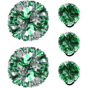 Hooshing 5PCS Cheerleading Pom Poms and Cheerleader Girls Hair Ties with Poms for Sports Spirits Kids Adults Basketball Football Birthday Party Performance(Green and Silver)