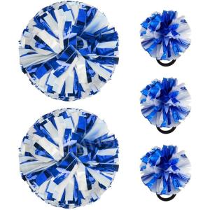Hooshing 5PCS Cheerleading Pom Poms and Cheerleader Girls Hair Ties with Poms for Sports Spirits Kids Adults Basketball Football Birthday Party Performance(Blue and White)