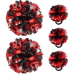 Hooshing 5PCS Cheerleading Pom Poms and Cheerleader Girls Hair Ties with Poms for Sports Spirits Kids Adults Basketball Football Birthday Party Performance(Black and Red)