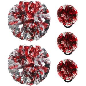 Hooshing 5PCS Cheerleading Pom Poms and Cheerleader Girls Hair Ties with Poms for Sports Spirits Kids Adults Basketball Football Birthday Party Performance(Red and Silver)
