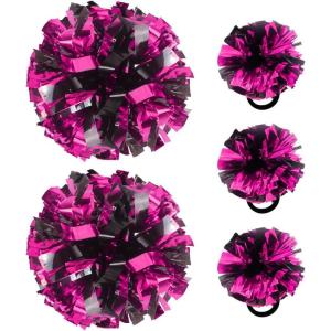 Hooshing 5PCS Cheerleading Pom Poms and Cheerleader Girls Hair Ties with Poms for Sports Spirits Kids Adults Basketball Football Birthday Party Performance(Black and Hot Pink)