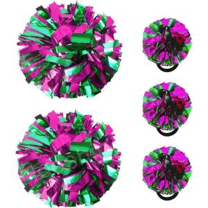 Hooshing 5PCS Cheerleading Pom Poms and Cheerleader Girls Hair Ties with Poms for Sports Spirits Kids Adults Basketball Football Birthday Party Performance(Hot Pink and Green)
