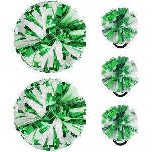 Hooshing 5PCS Cheerleading Pom Poms and Cheerleader Girls Hair Ties with Poms for Sports Spirits Kids Adults Basketball Football Birthday Party Performance(Green and White)