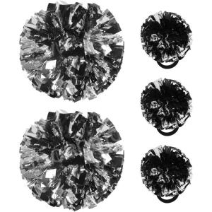 Hooshing 5PCS Cheerleading Pom Poms and Cheerleader Girls Hair Ties with Poms for Sports Spirits Kids Adults Basketball Football Birthday Party Performance(Black and Silver)