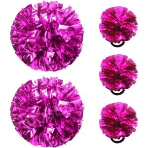 Hooshing 5PCS Cheerleading Pom Poms and Cheerleader Girls Hair Ties with Poms for Sports Spirits Kids Adults Basketball Football Birthday Party Performance(Hot Pink)