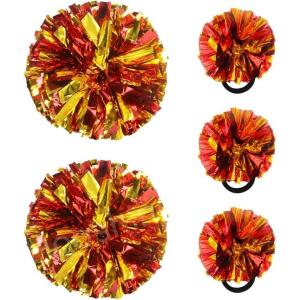 Hooshing 5PCS Cheerleading Pom Poms and Cheerleader Girls Hair Ties with Poms for Sports Spirits Kids Adults Basketball Football Birthday Party Performance(Red and Gold)