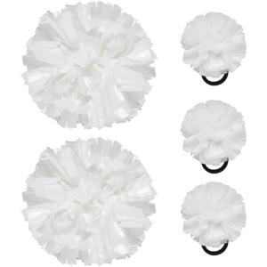 Hooshing 5PCS Cheerleading Pom Poms and Cheerleader Girls Hair Ties with Poms for Sports Spirits Kids Adults Basketball Football Birthday Party Performance(White)