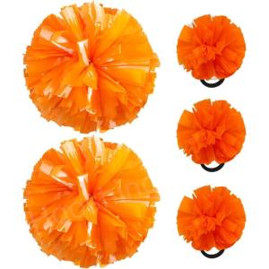 Hooshing 5PCS Cheerleading Pom Poms and Cheerleader Girls Hair Ties with Poms for Sports Spirits Kids Adults Basketball Football Birthday Party Performance(Orange)