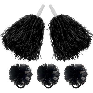Hooshing 5PCS Pom Poms Cheerleading Shaker and Hair Ropes Wrist Ties with Poms for Cheerleader Girls Sports Spirits Rewards Cheer in Party Festival(Black)