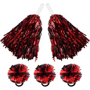 Hooshing 5PCS Pom Poms Cheerleading Shaker and Hair Ropes Wrist Ties with Poms for Cheerleader Girls Sports Spirits Rewards Cheer in Party Festival(Black and Red)