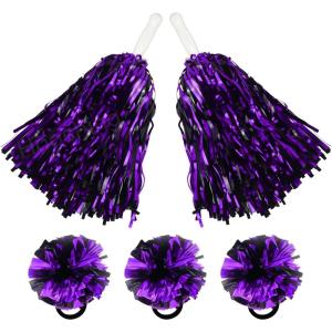 Hooshing 5PCS Pom Poms Cheerleading Shaker and Hair Ropes Wrist Ties with Poms for Cheerleader Girls Sports Spirits Rewards Cheer in Party Festival(Black and Purple)