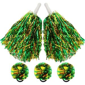 Hooshing 5PCS Pom Poms Cheerleading Shaker and Hair Ropes Wrist Ties with Poms for Cheerleader Girls Sports Spirits Rewards Cheer in Party Festival(Green and Gold)
