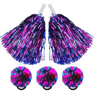 Hooshing 5PCS Pom Poms Cheerleading Shaker and Hair Ropes Wrist Ties with Poms for Cheerleader Girls Sports Spirits Rewards Cheer in Party Festival(Hot Pink and Blue)