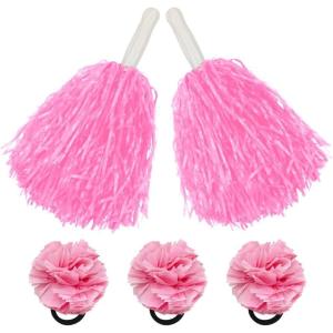 Hooshing 5PCS Pom Poms Cheerleading Shaker and Hair Ropes Wrist Ties with Poms for Cheerleader Girls Sports Spirits Rewards Cheer in Party Festival(Pink)