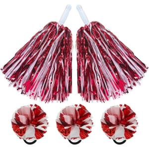 Hooshing 5PCS Pom Poms Cheerleading Shaker and Hair Ropes Wrist Ties with Poms for Cheerleader Girls Sports Spirits Rewards Cheer in Party Festival(Red and White)