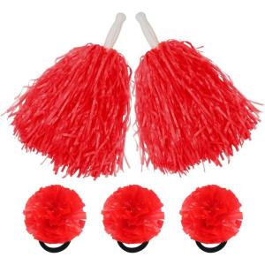 Hooshing 5PCS Pom Poms Cheerleading Shaker and Hair Ropes Wrist Ties with Poms for Cheerleader Girls Sports Spirits Rewards Cheer in Party Festival(Red)