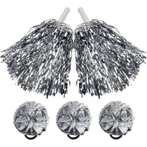Hooshing 5PCS Pom Poms Cheerleading Shaker and Hair Ropes Wrist Ties with Poms for Cheerleader Girls Sports Spirits Rewards Cheer in Party Festival(Silver)